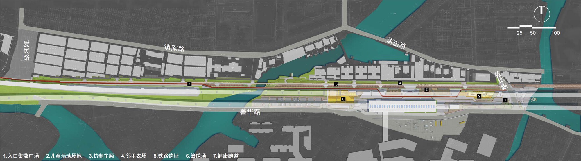 Site plan drawing showing a linear elevated pathway with green buffer zones along a waterway