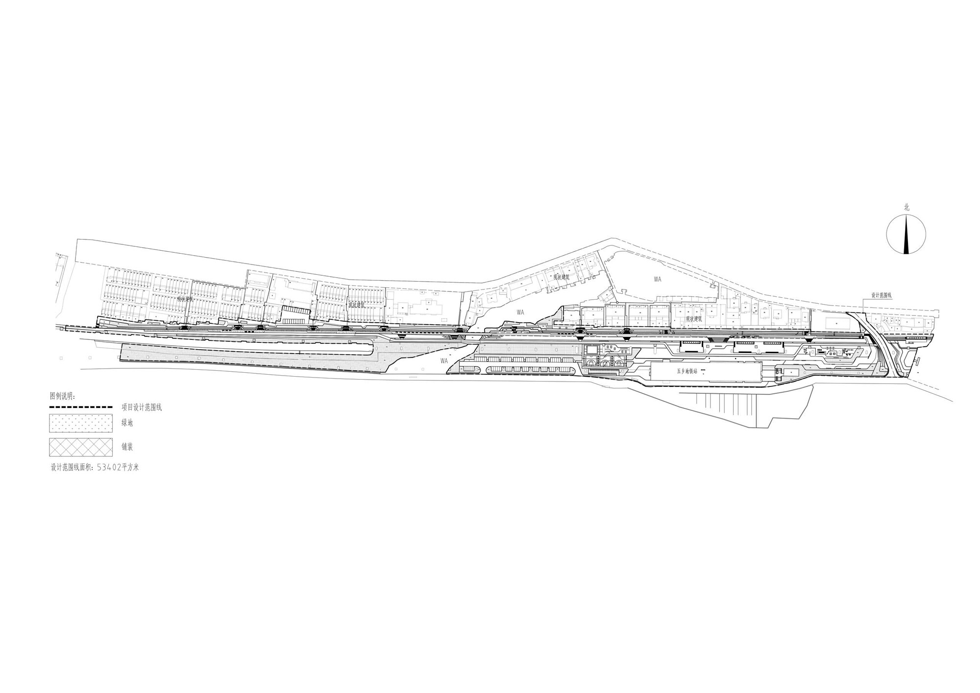 Section drawing illustrating the stepped terrain with platforms and ramps connecting different levels