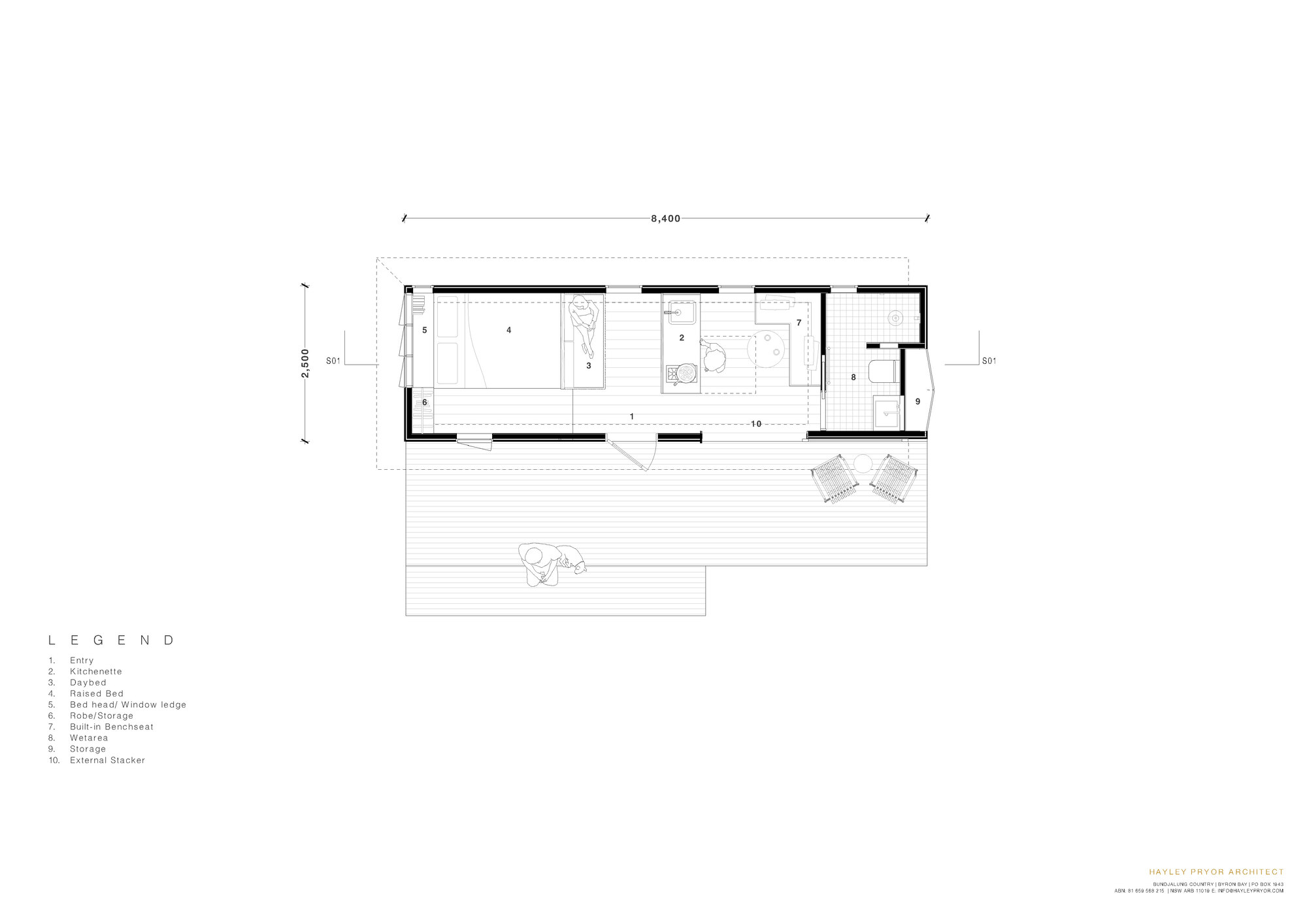 Floor plan drawing showing rectangular layout with deck extending from living spaces