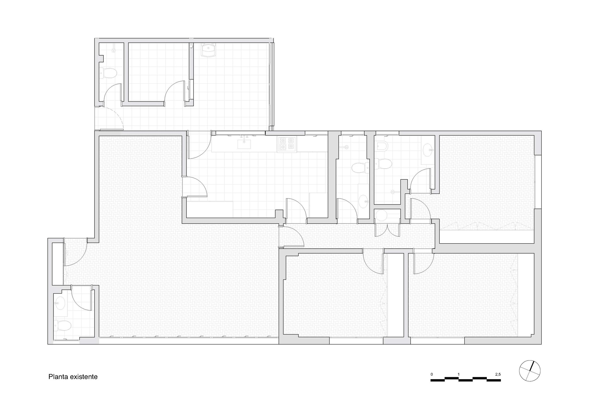 Existing floor plan drawing showing the original apartment layout with compartmentalized rooms and circulation paths