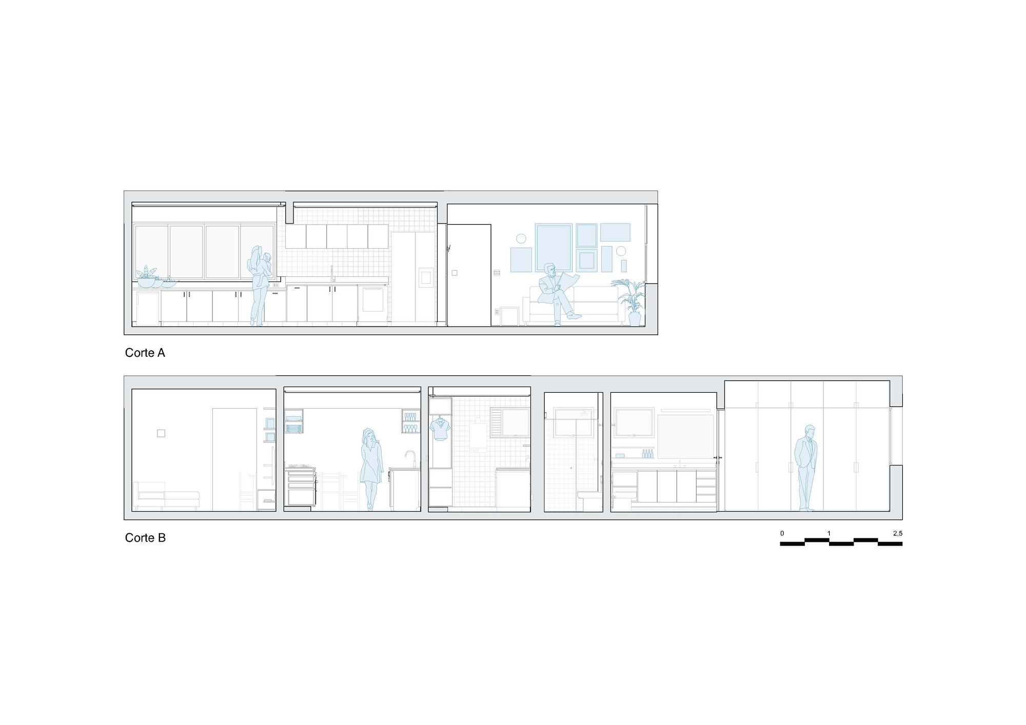 Section drawings showing interior spatial relationships between kitchen cabinetry, storage walls, and occupied rooms with human figures for scale