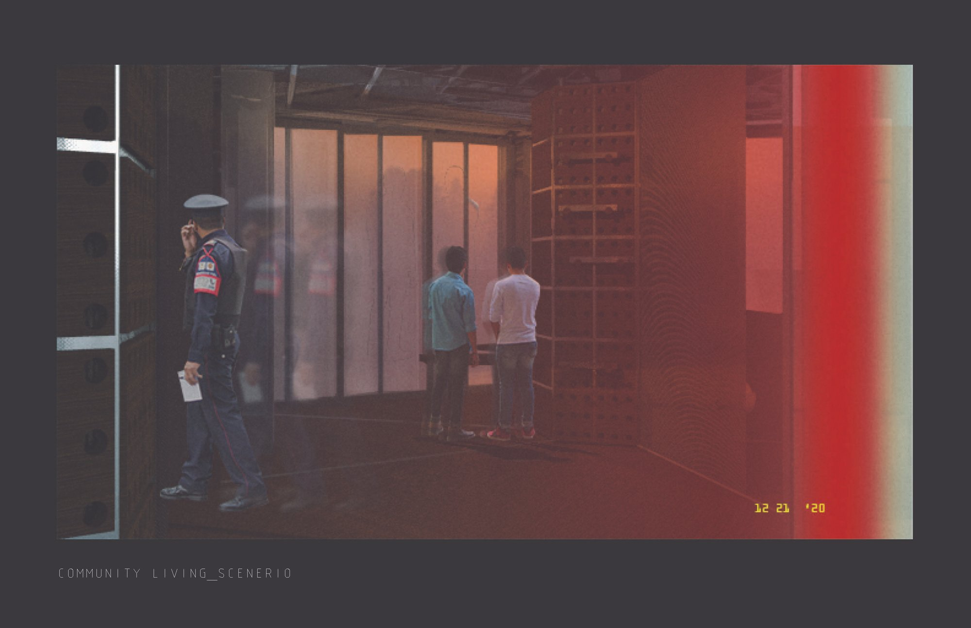 Refugees transition through a monitored yet humane environment designed for temporary stay and social integration.