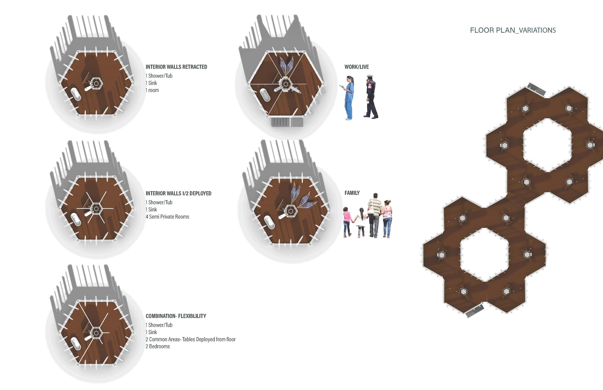 Transformable layouts shift from individual to family occupancy, demonstrating spatial flexibility in refugee housing.