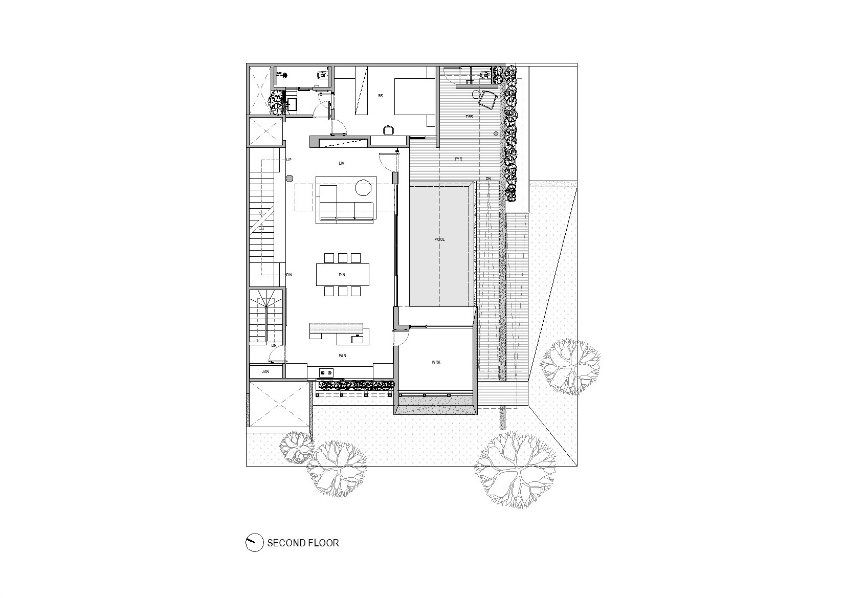 Second floor plan showing open living and dining spaces with adjacent pool terrace