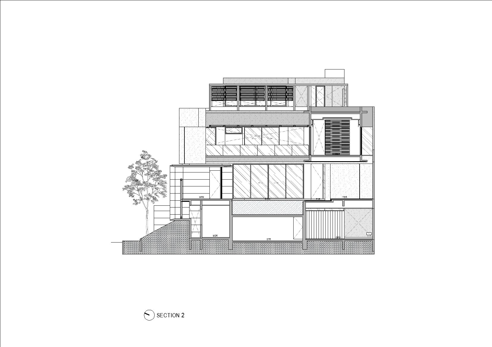 Section drawing showing layered interior spaces across four levels with rooftop solar panels