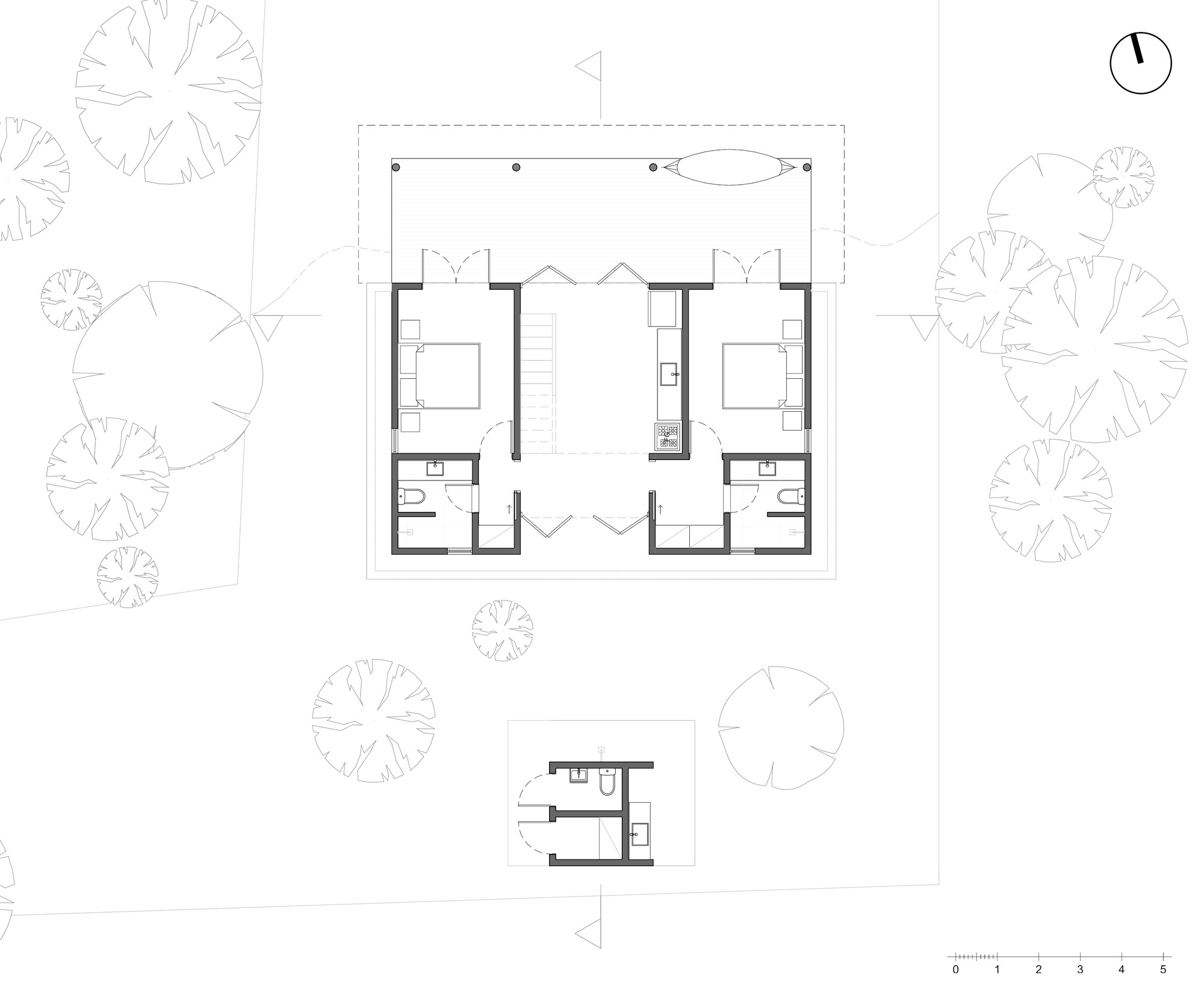 Floor plan drawing showing two bedroom suites flanking a central stair with surrounding trees