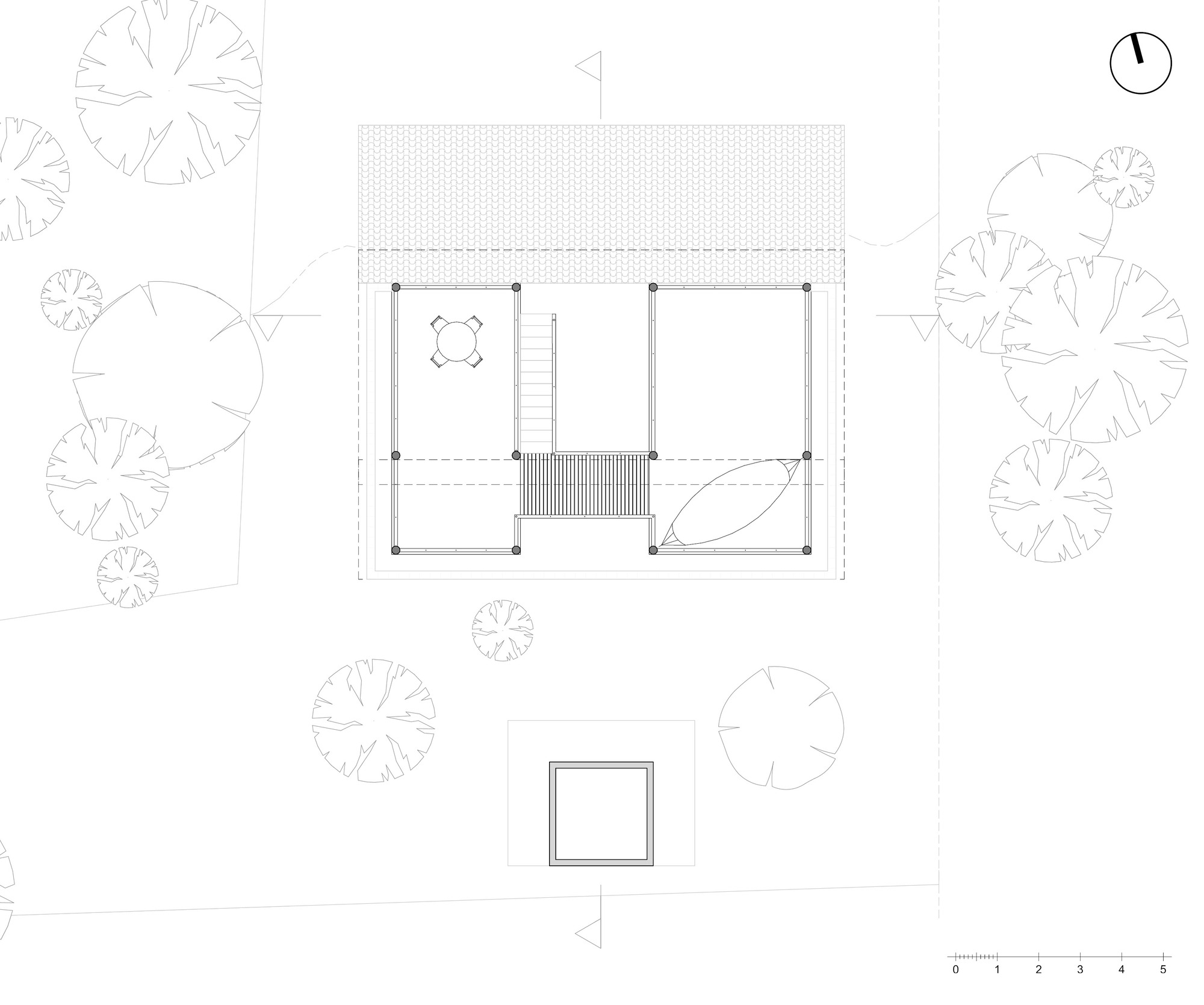 Floor plan drawing showing upper level with open terrace and central stair core