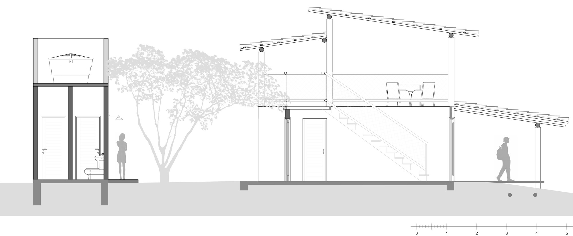 Section drawing showing interior volumes with a tree and two figures walking through
