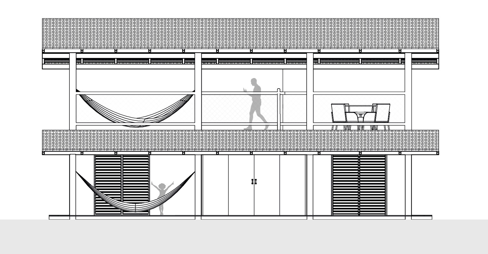 Elevation drawing showing facade with hammocks and louvered shutters across two levels