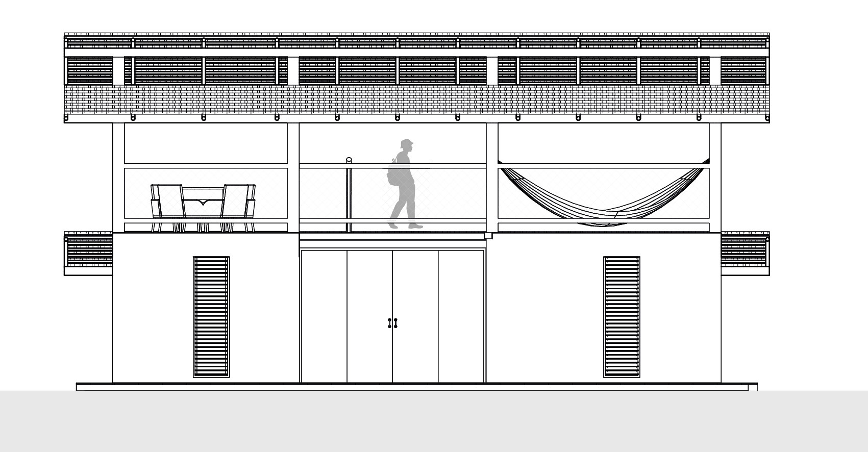 Elevation drawing showing symmetrical facade with central entry and hammock at upper balcony