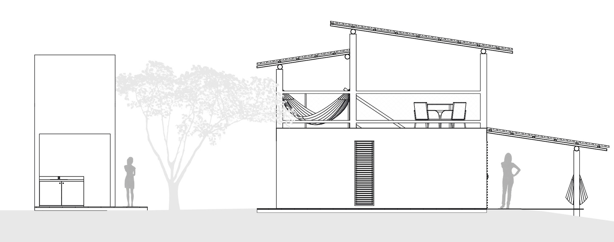 Section drawing showing split-level interior spaces with sloped roof and silhouetted figures and trees