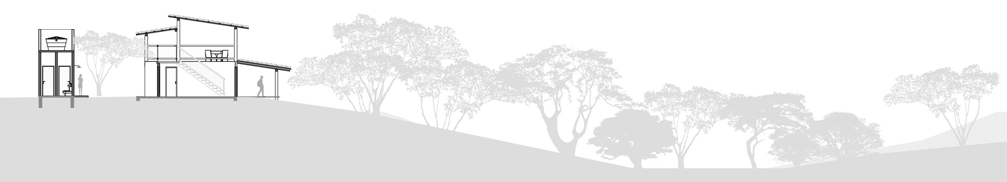 Elevation drawing of volumes with sloped roofs set among a tree canopy