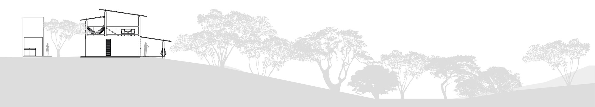 Elevation drawing showing the building composition with trees in the surrounding landscape