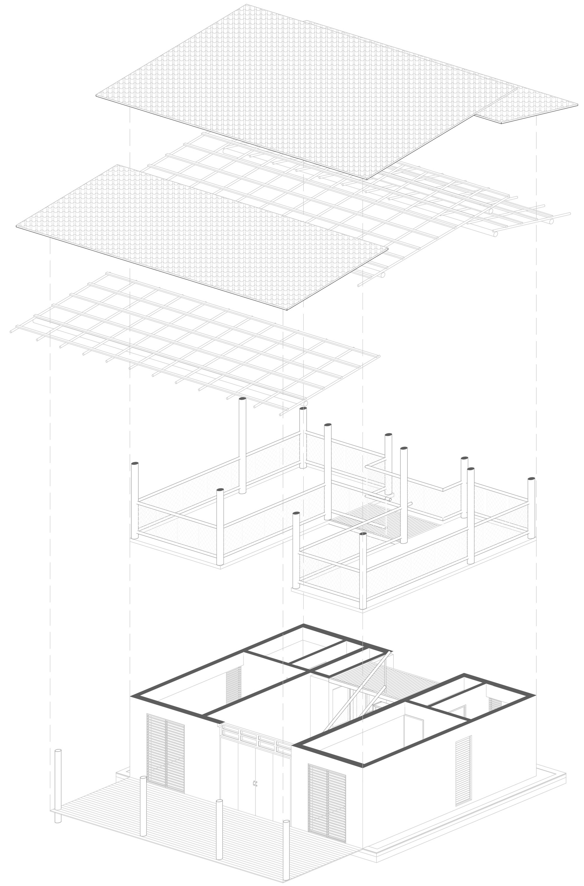 Exploded axonometric drawing revealing roof planes, structural grid, and interior partitions