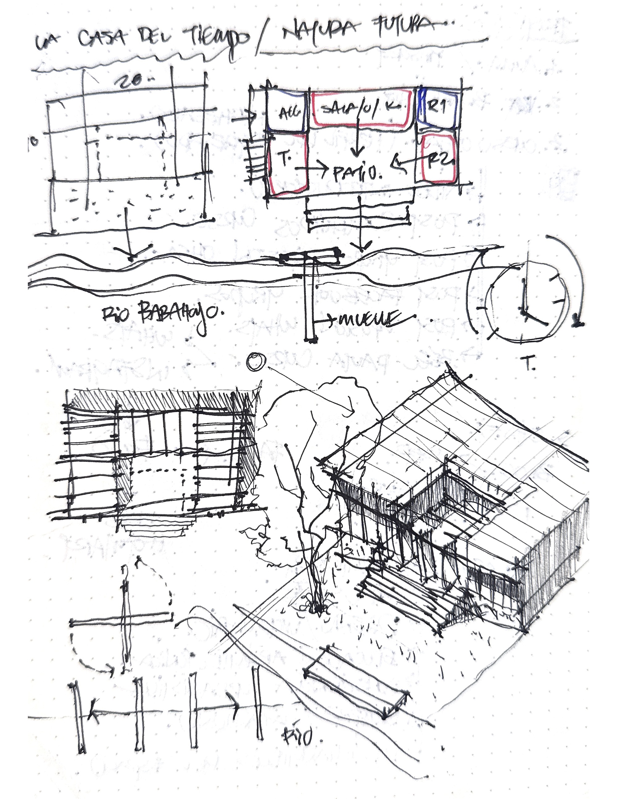 Sketch drawing showing axonometric view of pavilion structure with floor plan and sectional details above
