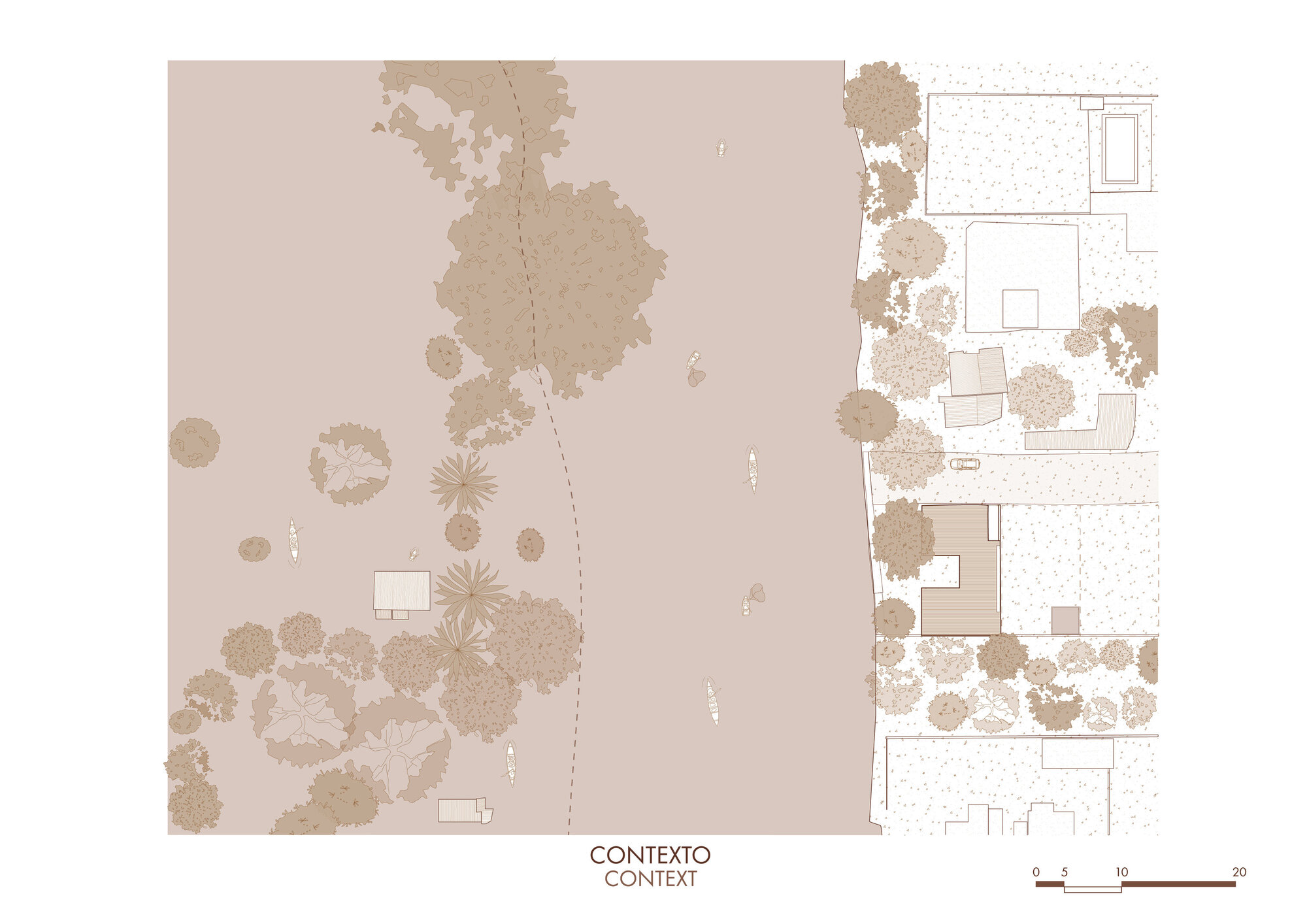 Site plan drawing showing building footprint with surrounding tree canopies rendered in beige tones