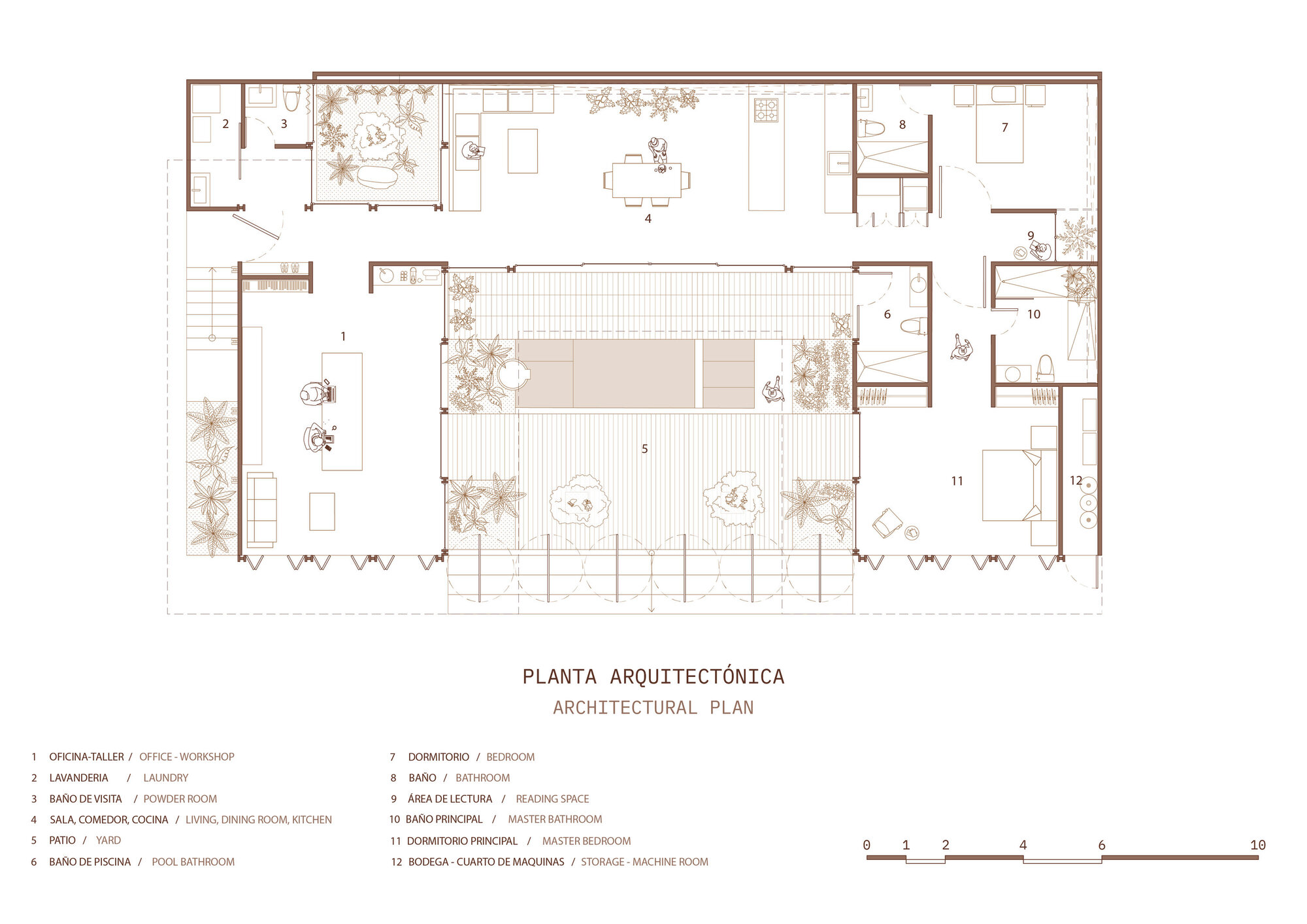 Architectural plan drawing showing an open layout with central courtyard pool and surrounding planted areas