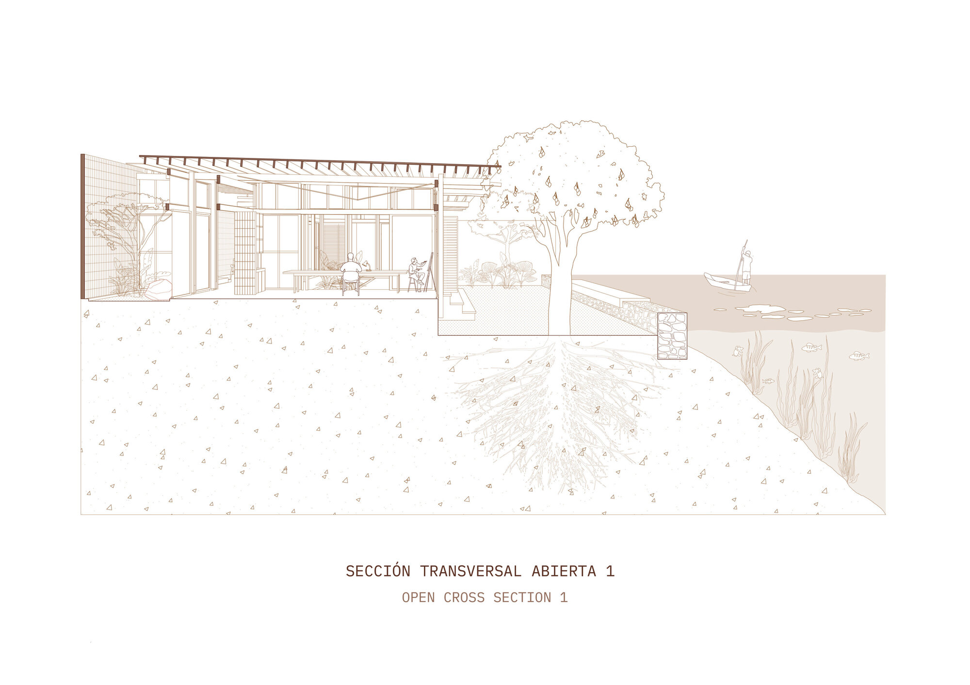 Cross section drawing showing interior space with exposed structure opening to a waterside landscape with tree