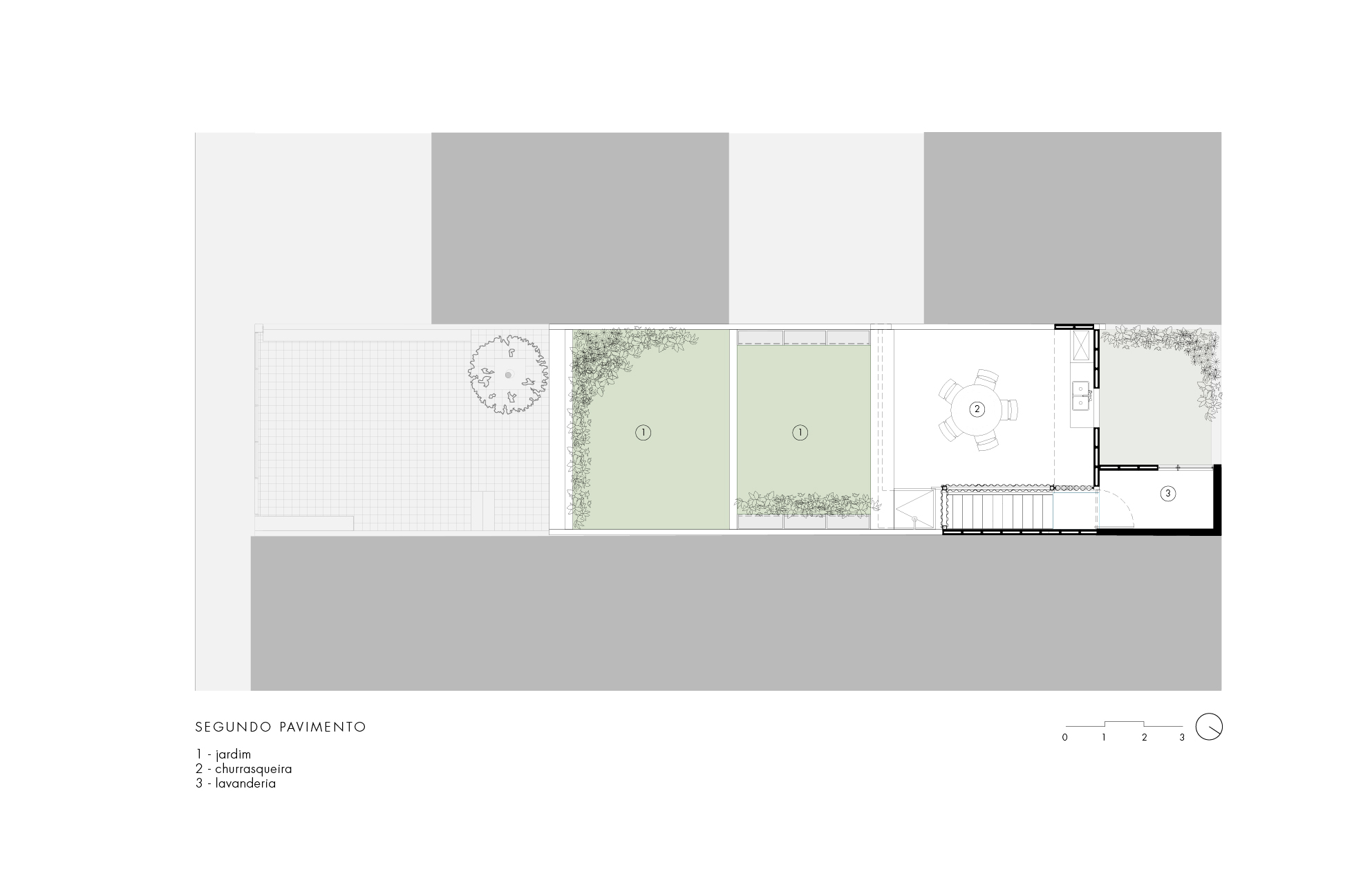 Second floor plan illustrating planted terraces and bedroom zones within the narrow footprint