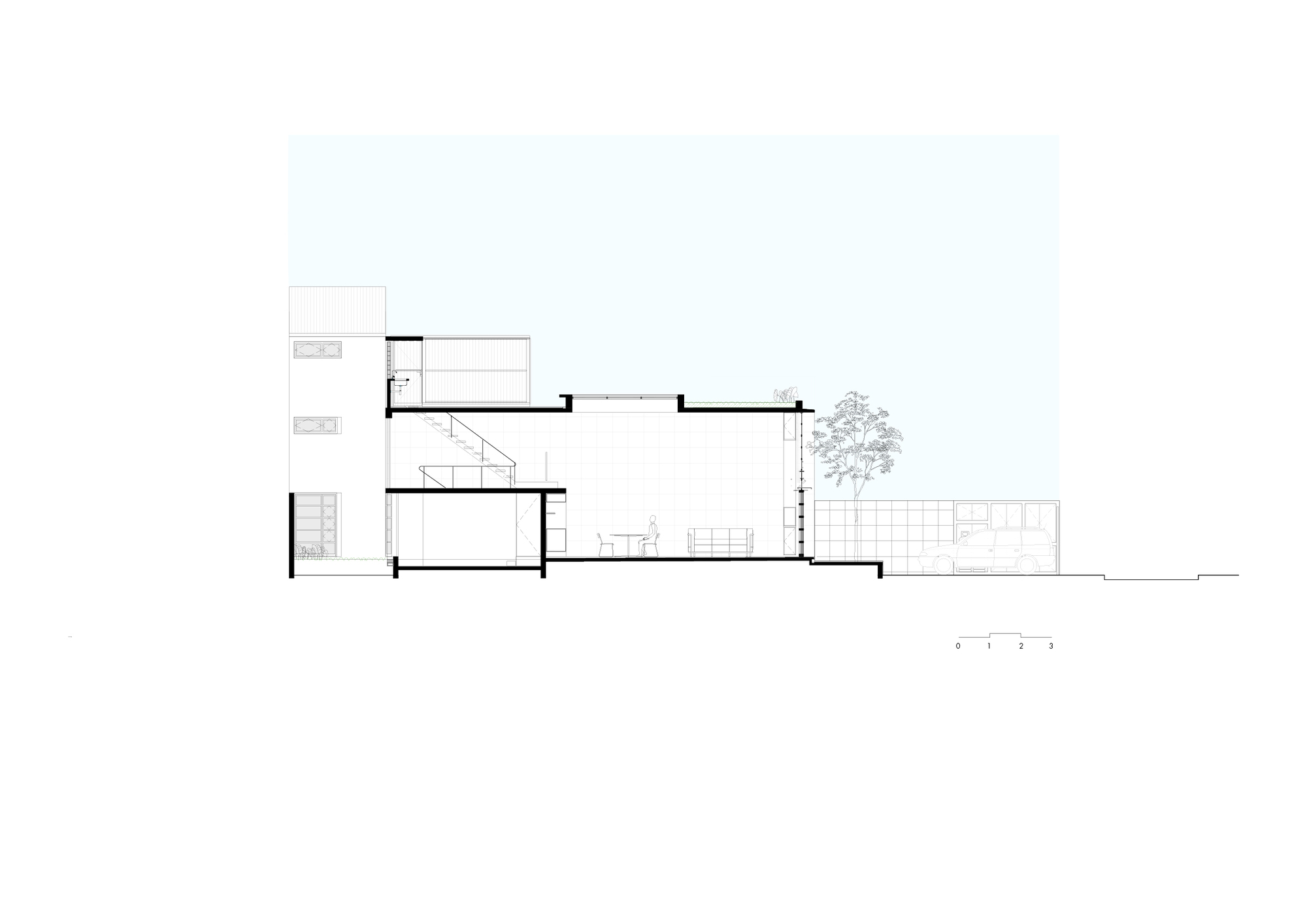 Longitudinal section drawing revealing stacked interior volumes with tree and terrace at rear