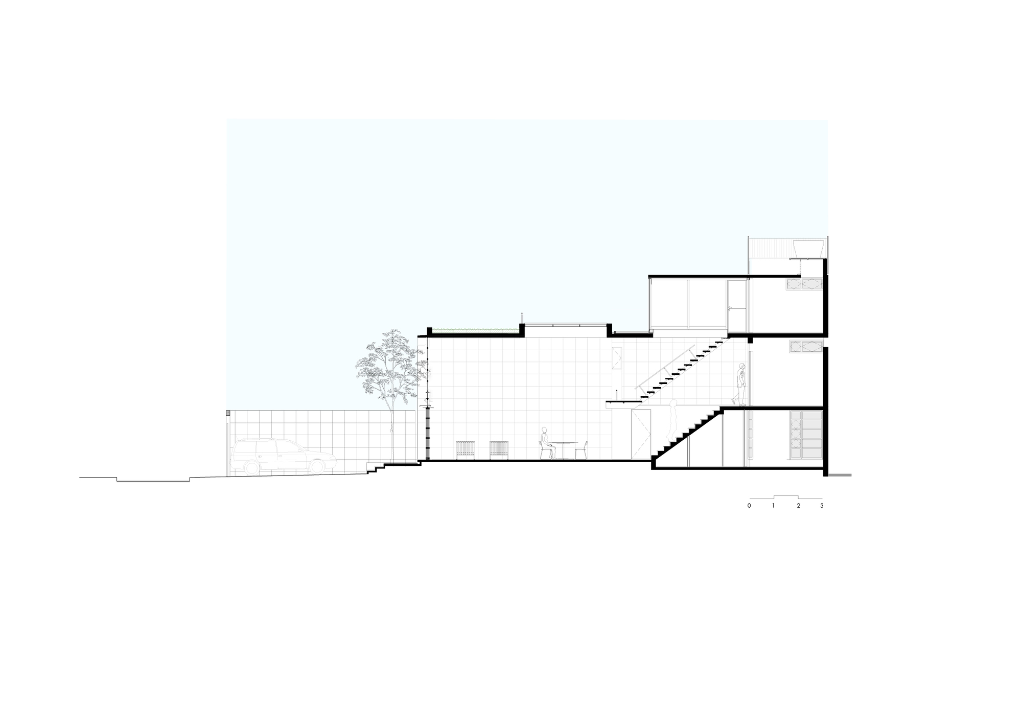 Section drawing showing a multi-level building with a central courtyard, diagonal staircase, and tree