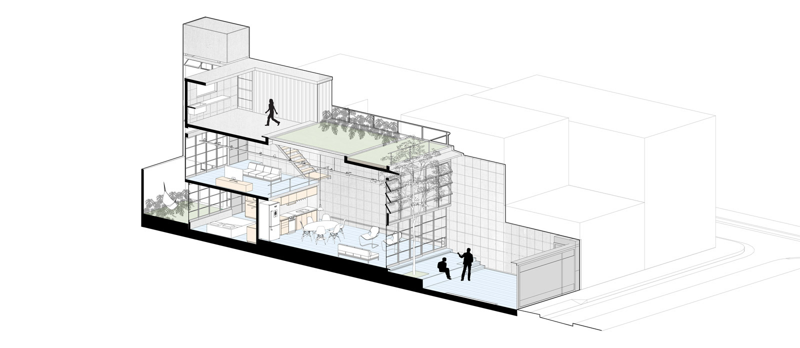 Axonometric section drawing revealing interior spaces with planted terraces and figures on different levels