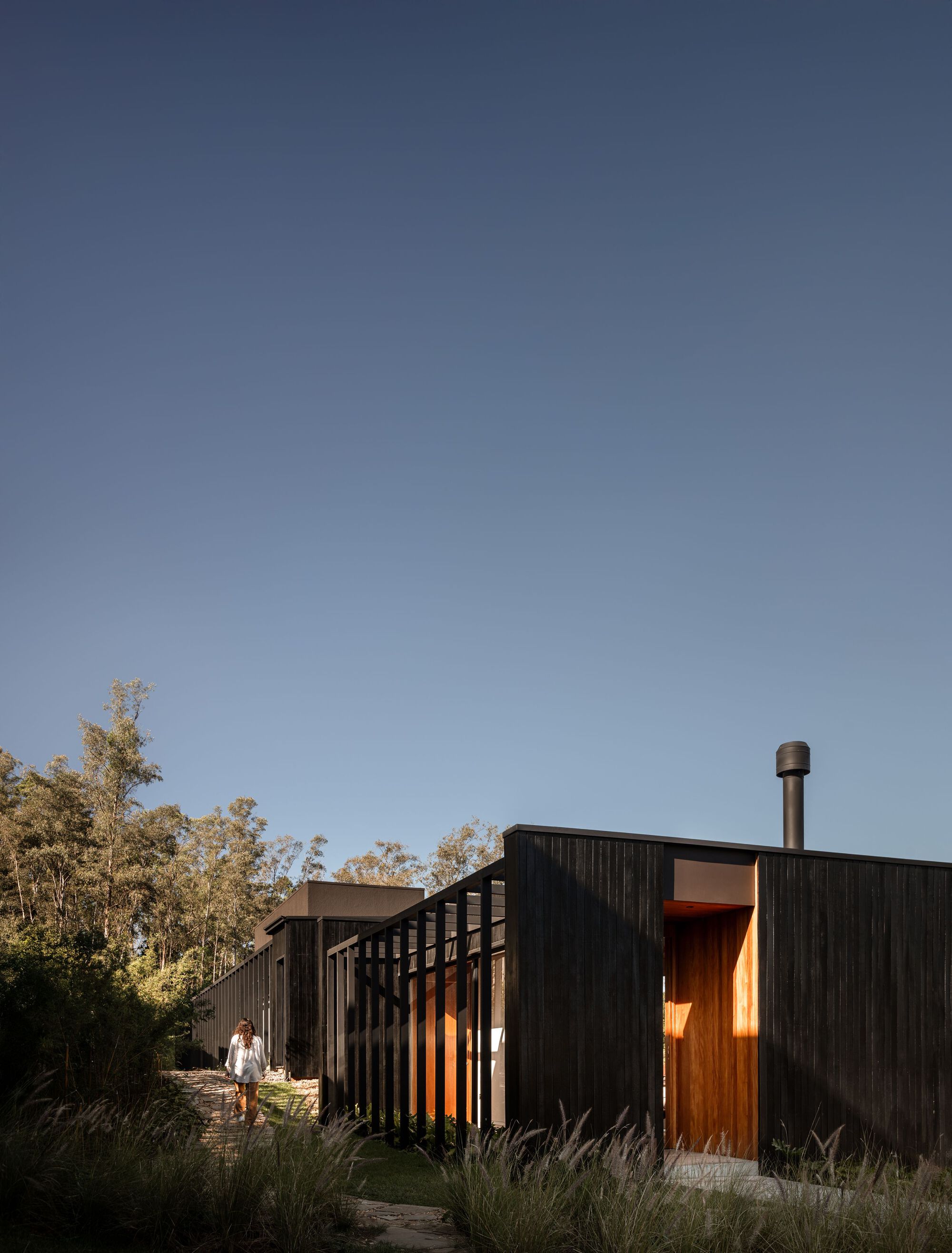 Charred timber cladding with vertical battens framing a timber entry door at twilight