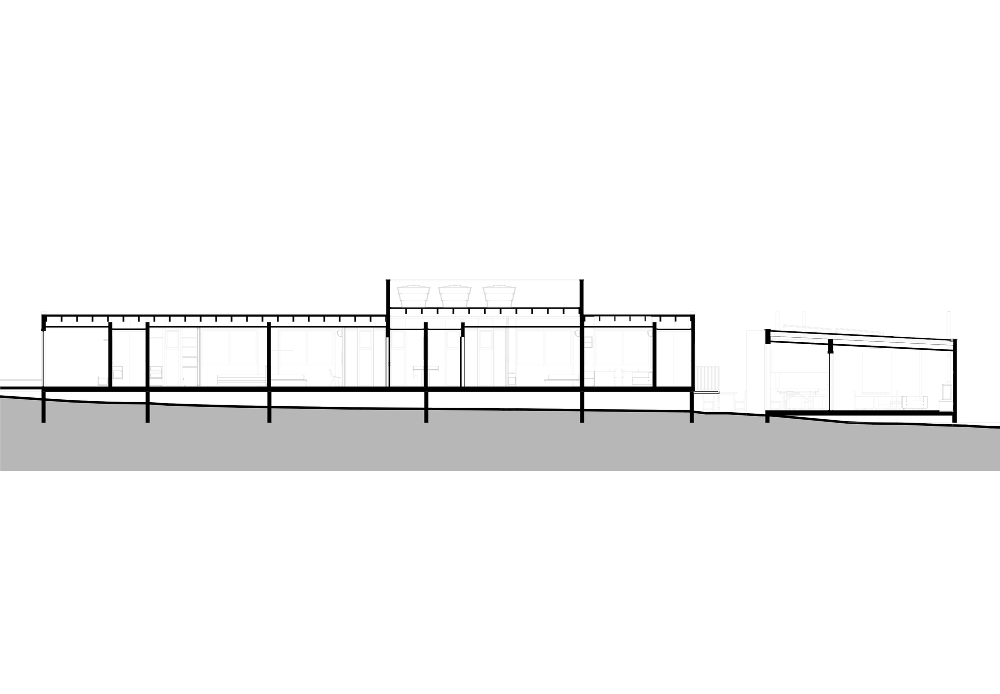 Longitudinal section drawing showing a linear single-story structure with flat roof and columnar supports