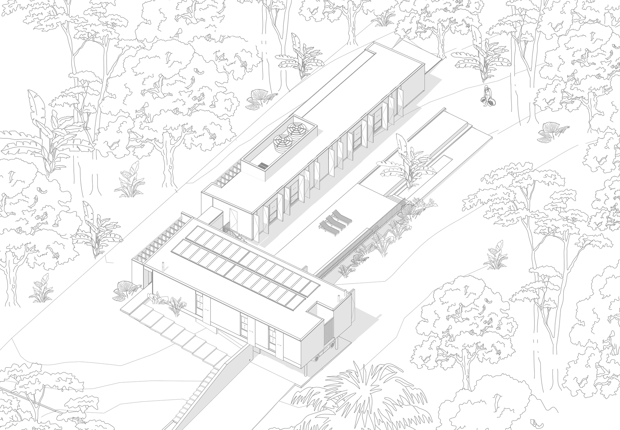 This architectural drawing presents an axonometric view of a modern residence integrated into a lush tropical landscape. The design features clean lines, flat r
