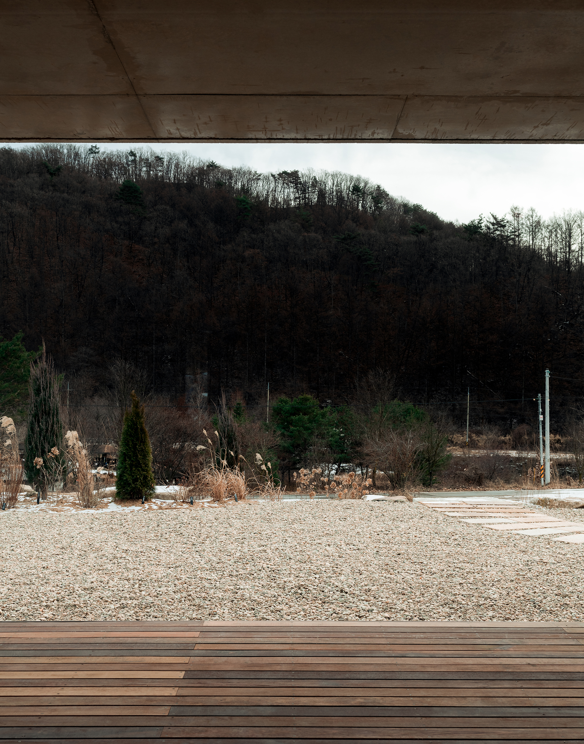 View from beneath the concrete roof slab toward the forested hillside beyond the gravel terrace