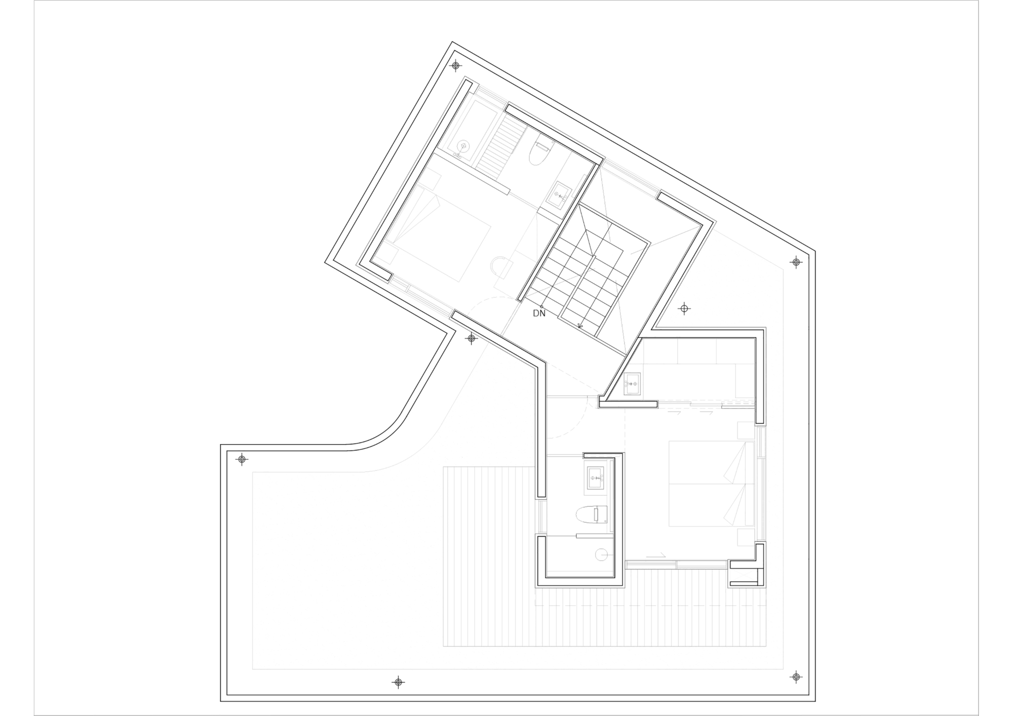 Floor plan drawing showing irregular geometry with curved exterior wall and central service core