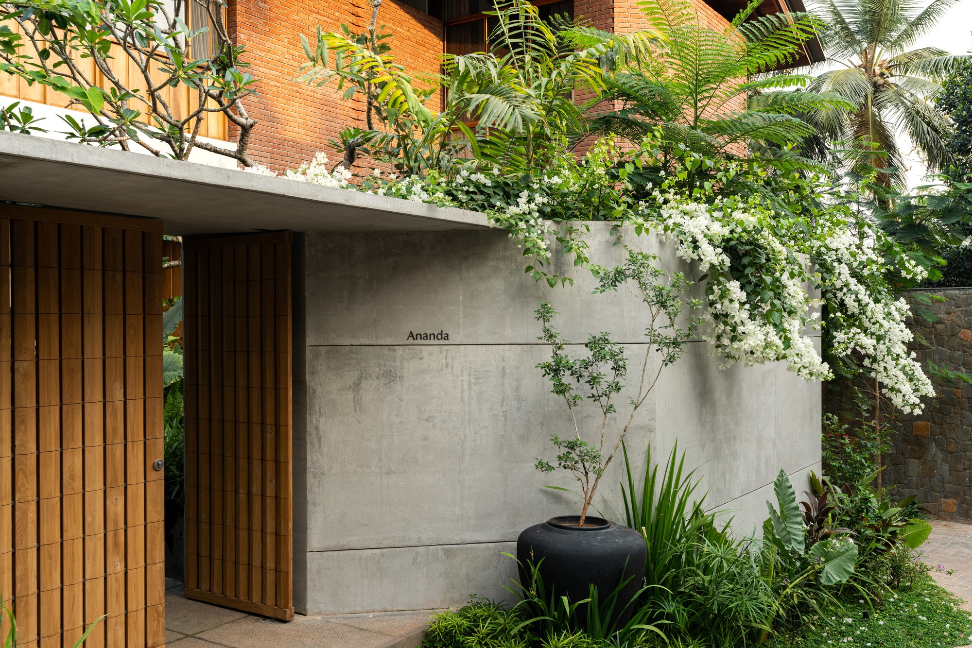 Entrance wall in concrete panels with timber slatted doors and flowering vines cascading from rooftop planter