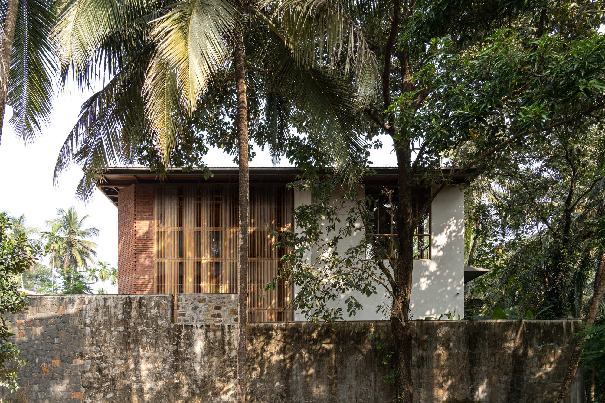 Street view showing the residence behind weathered compound wall and coconut palms in dappled light