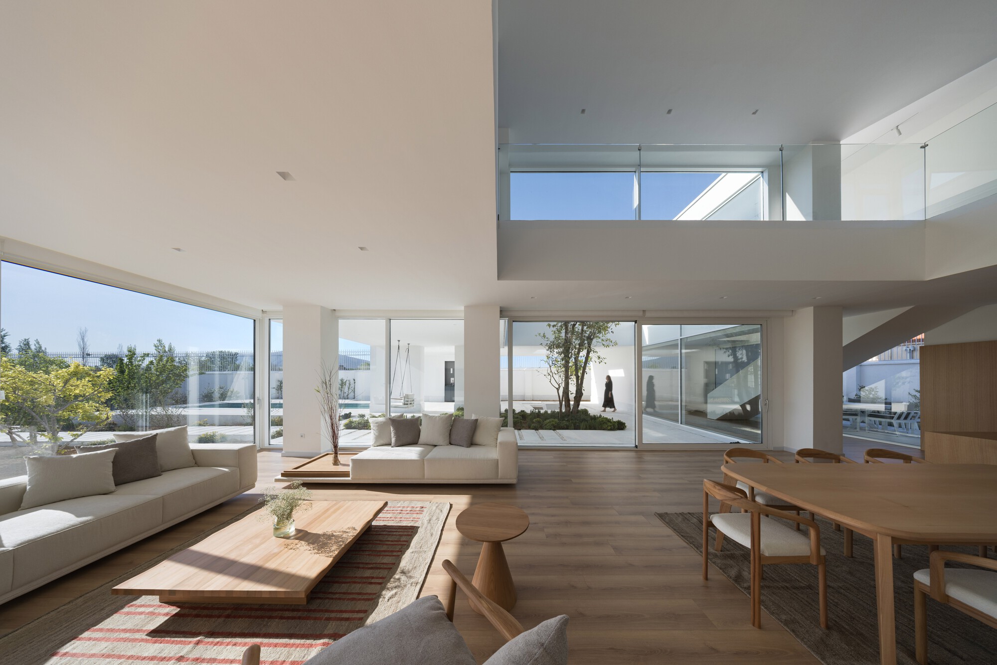 Double-height living space with floor-to-ceiling glazing overlooking an internal courtyard with a single tree