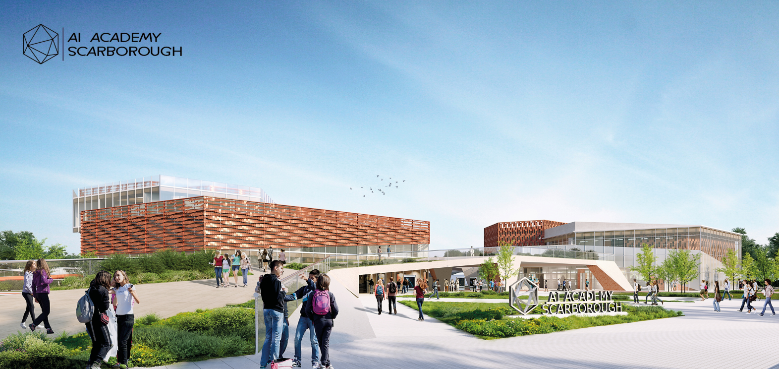 AI Academy Scarborough campus integrating landscape, circulation, and interactive learning environments.