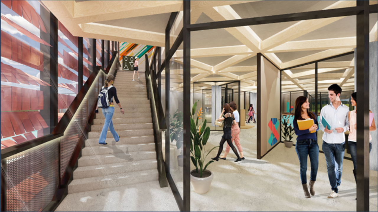 Dynamic circulation spine connecting adaptive learning modules and collaborative spaces.