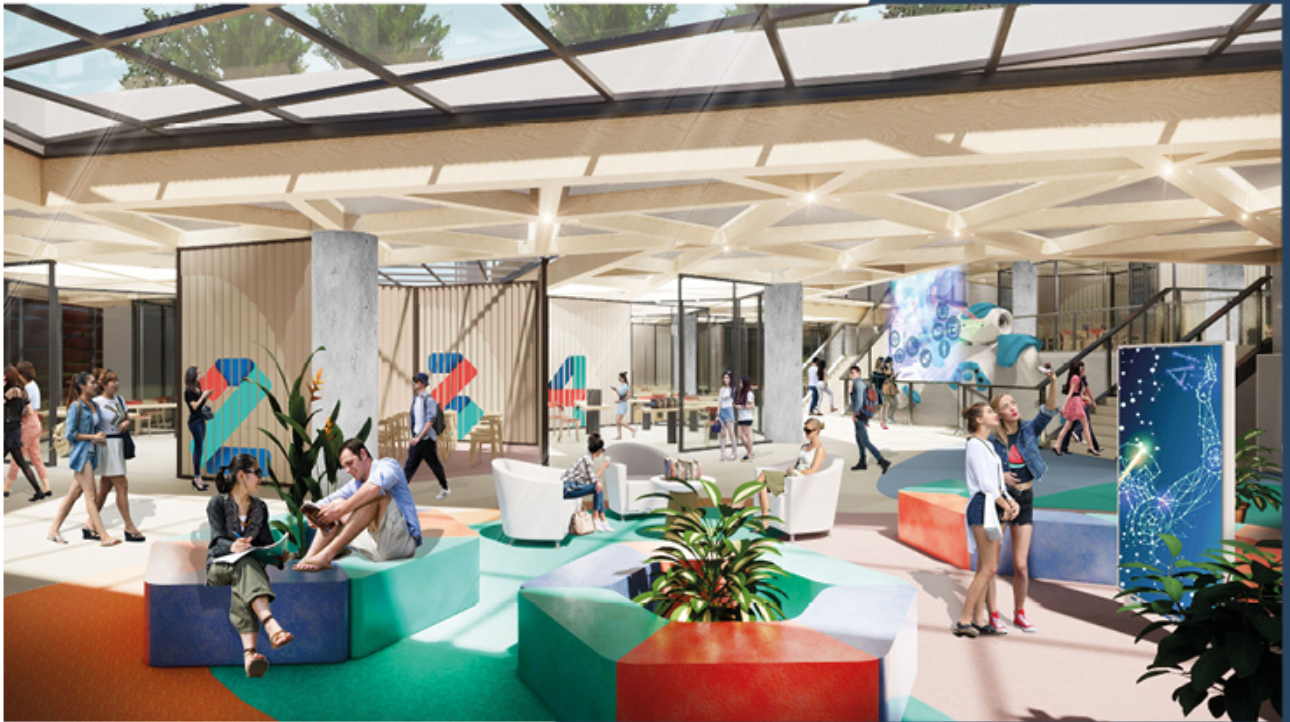 Open learning commons blending social interaction, informal study, and AI-driven engagement.