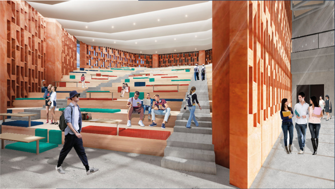 Flexible auditorium designed for lectures, group discussions, and large-scale academic events.