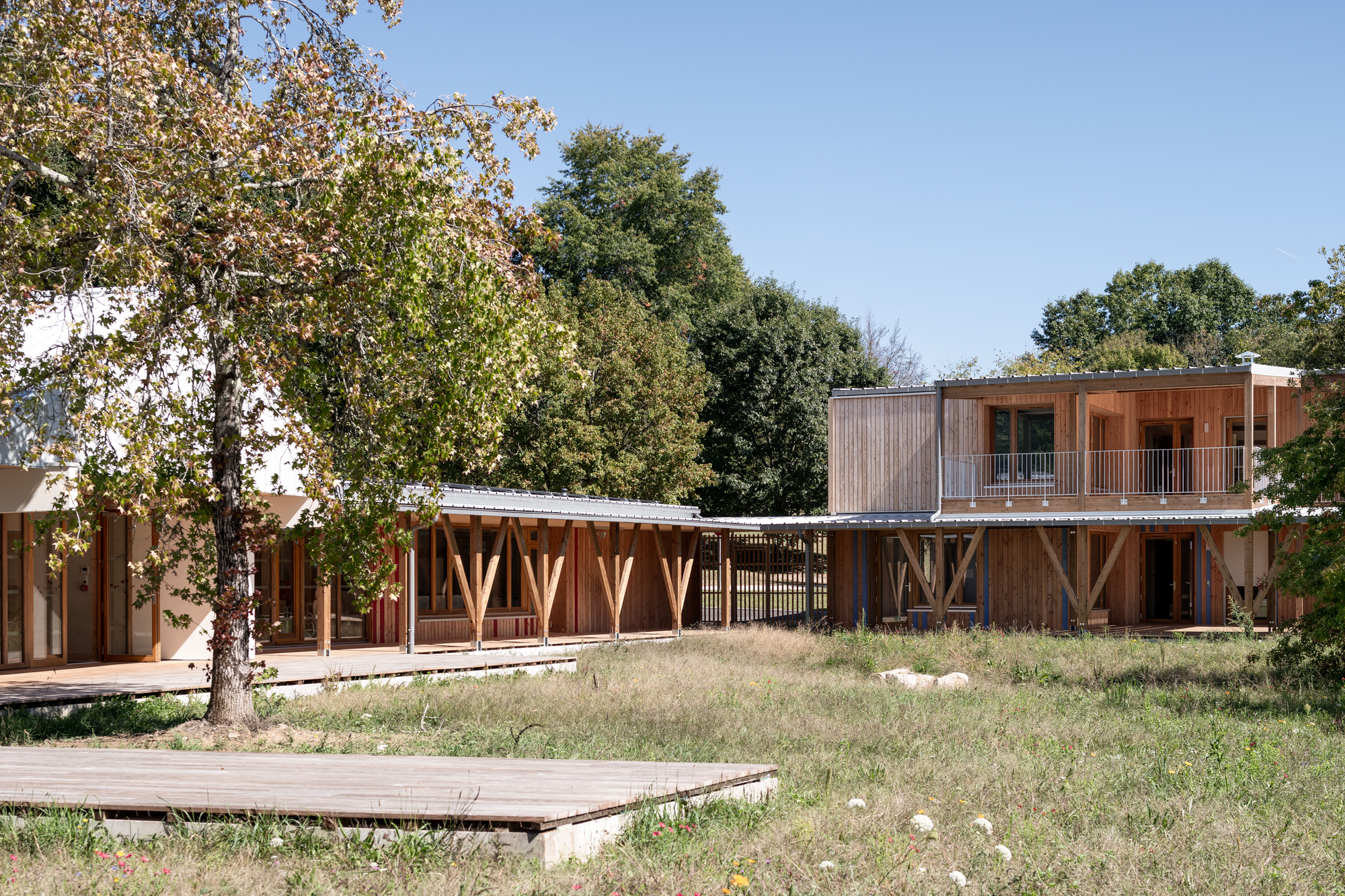 Cluster of low-slung timber buildings with metal roofs around a meadow courtyard in summer