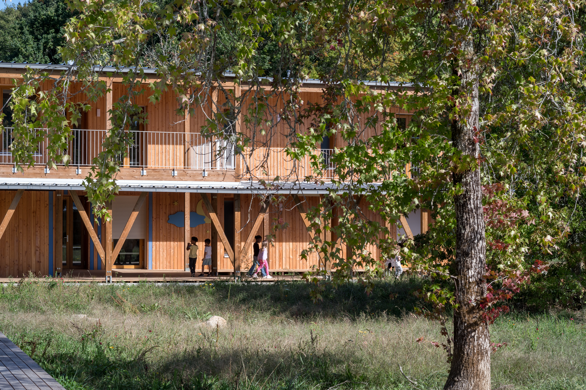 Two-level timber facade with diagonal bracing and upper balcony seen through foreground trees