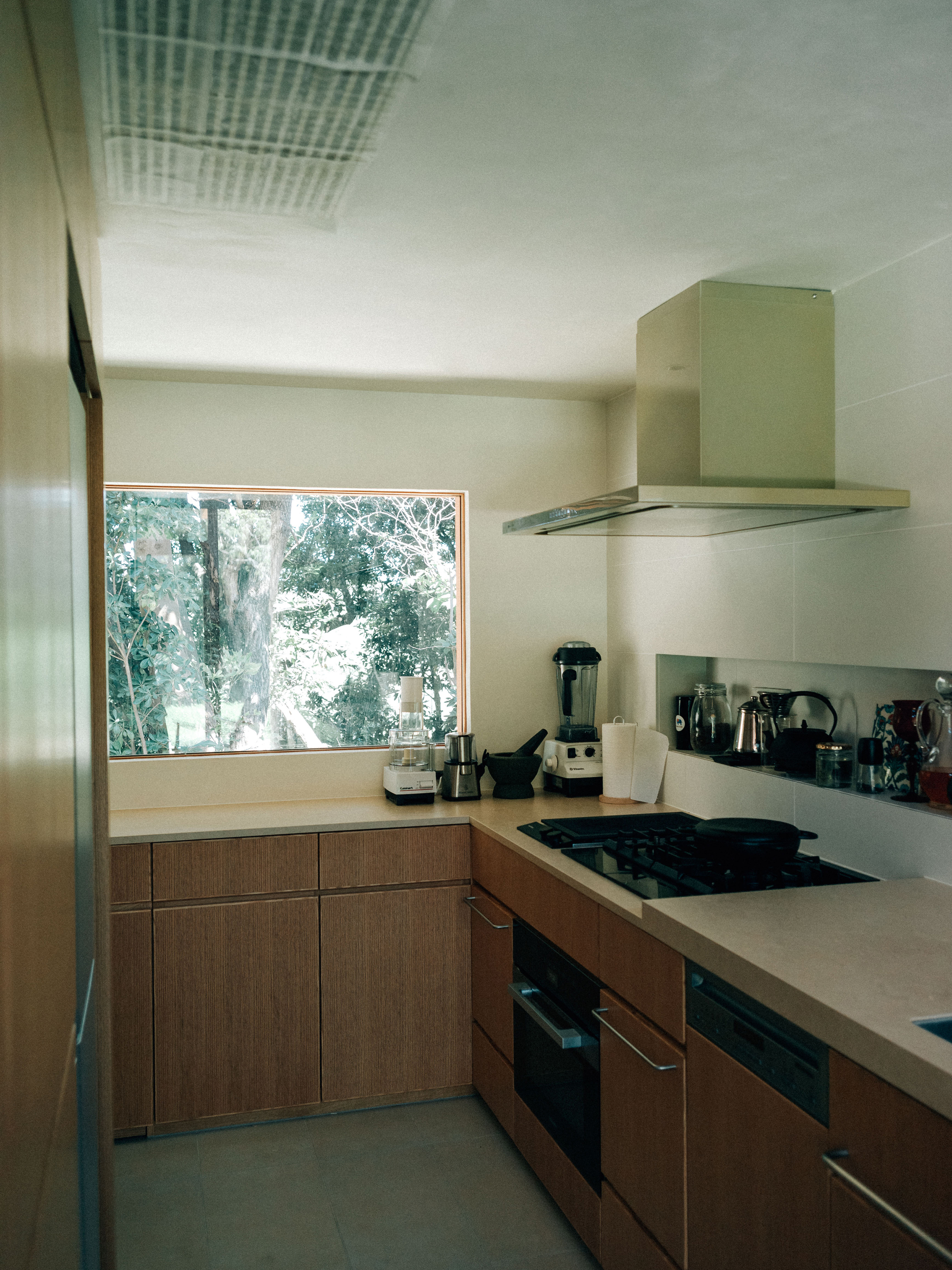 Compact kitchen with timber cabinetry and skylight revealing trees through the window