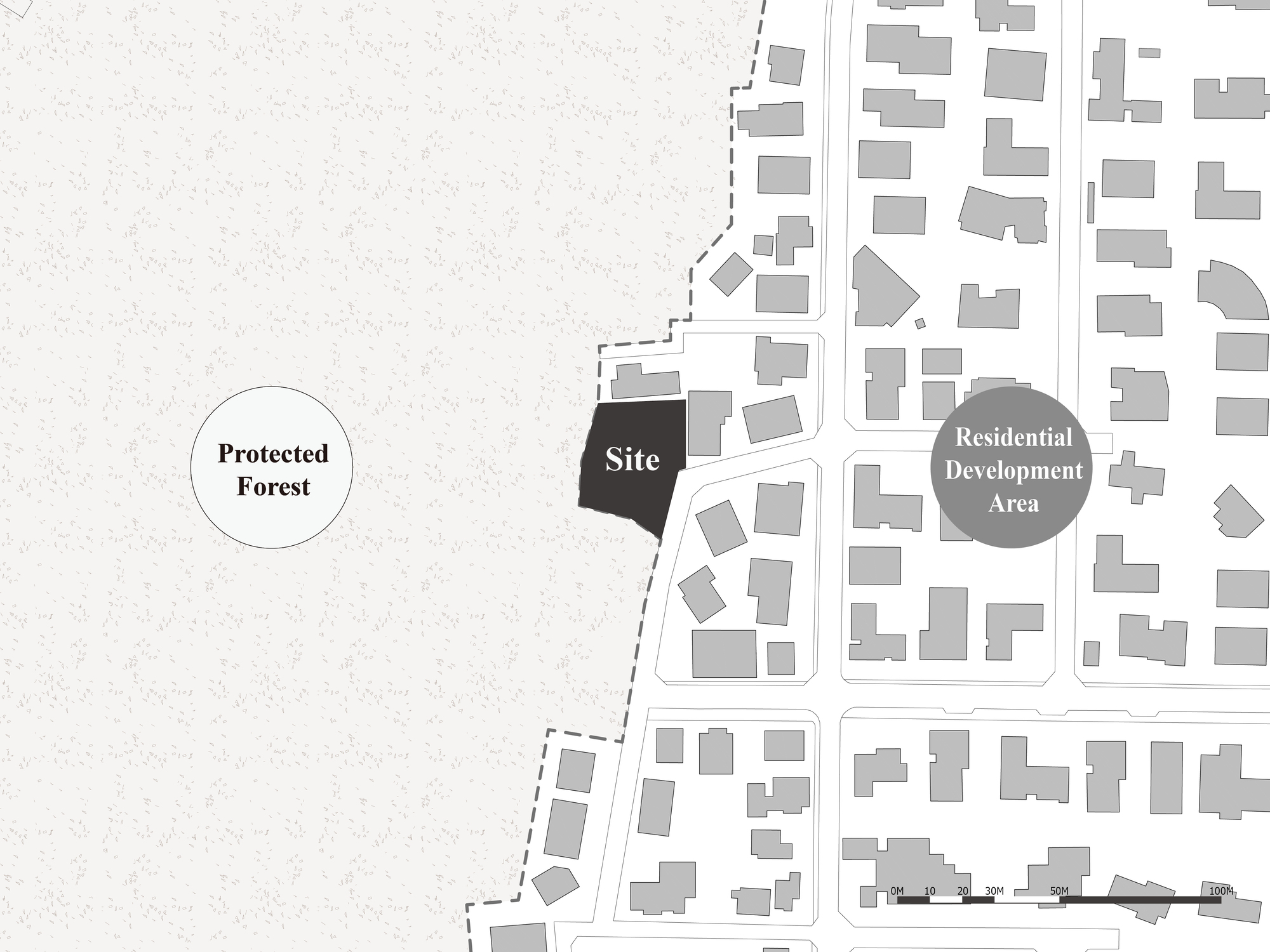 Site plan drawing showing the building plot between protected forest and residential development area