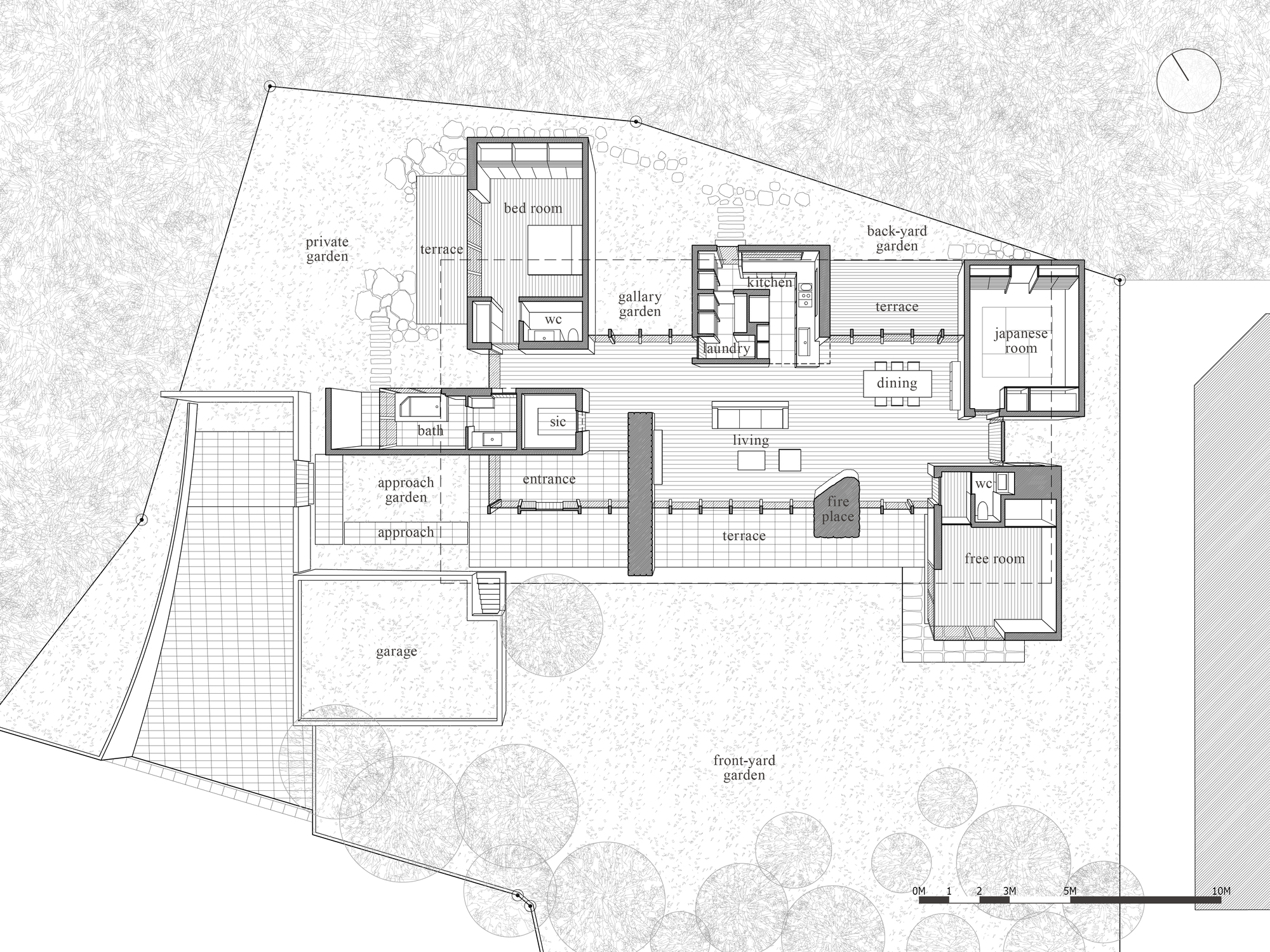Floor plan drawing showing the layout with labeled rooms radiating from a central entrance and terrace