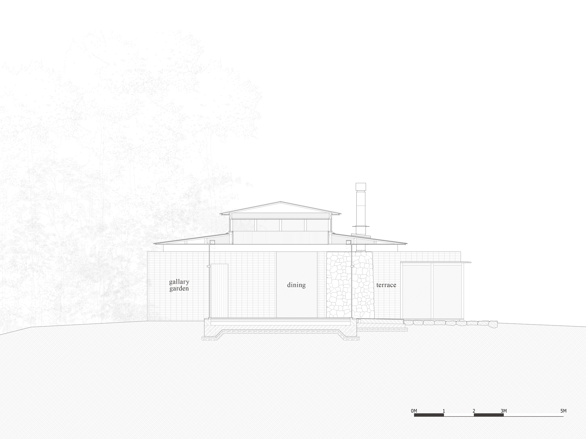 Section drawing revealing a gabled upper volume above a lower level with gallery garden, dining area, and terrace