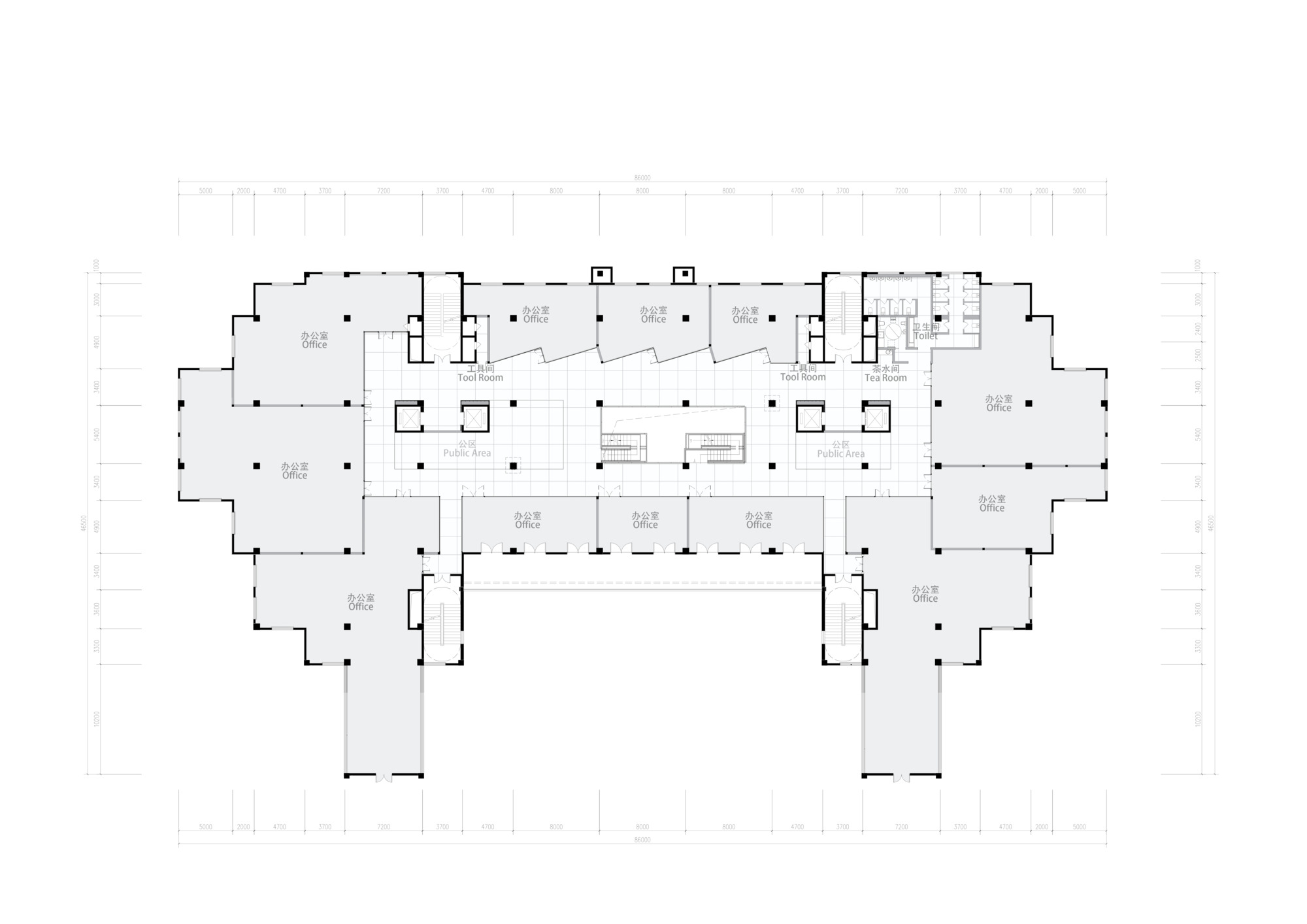 Floor plan drawing showing zigzagging circulation through central space flanked by rectangular rooms