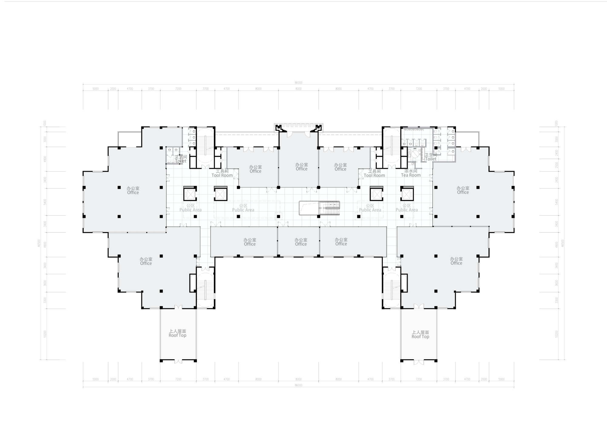 Floor plan drawing showing central rectangular volume surrounded by column grid and perimeter rooms