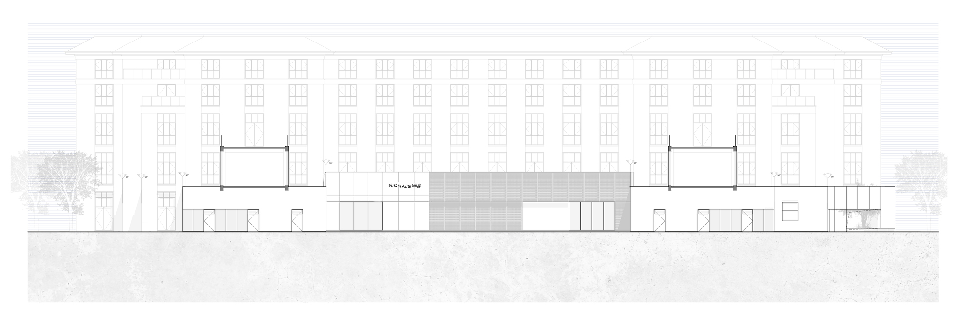 Elevation drawing showing a low glass pavilion insertion between flanking trees and a tall gridded facade
