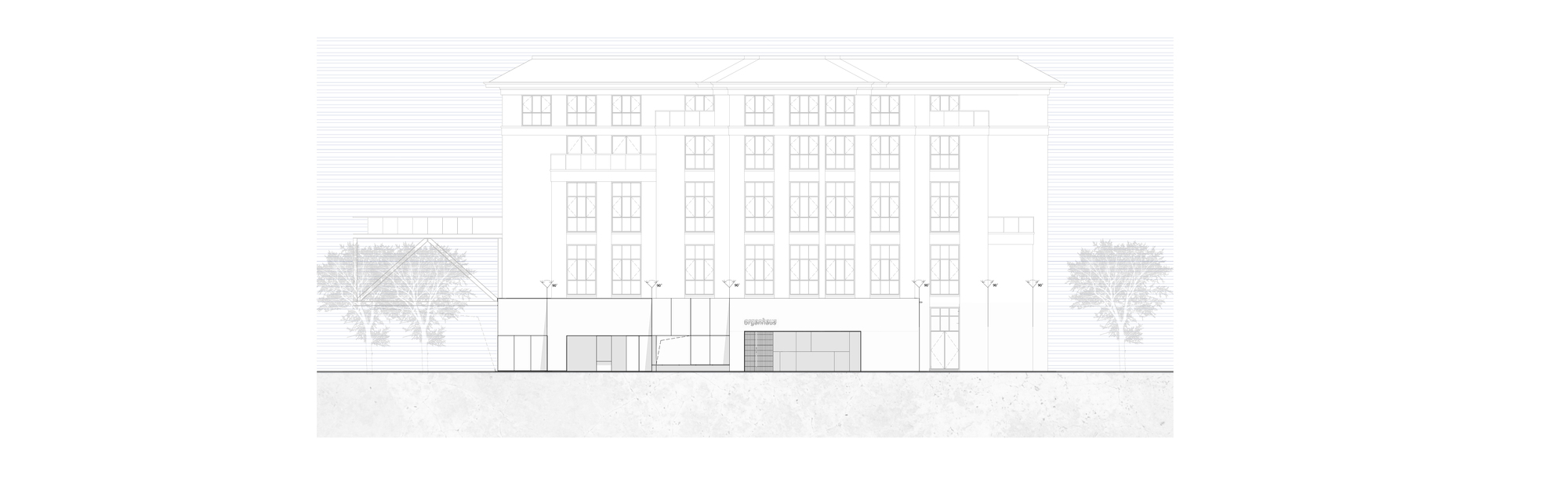 Elevation drawing depicting a recessed glazed entry volume beneath a multi-story building with trees at edges
