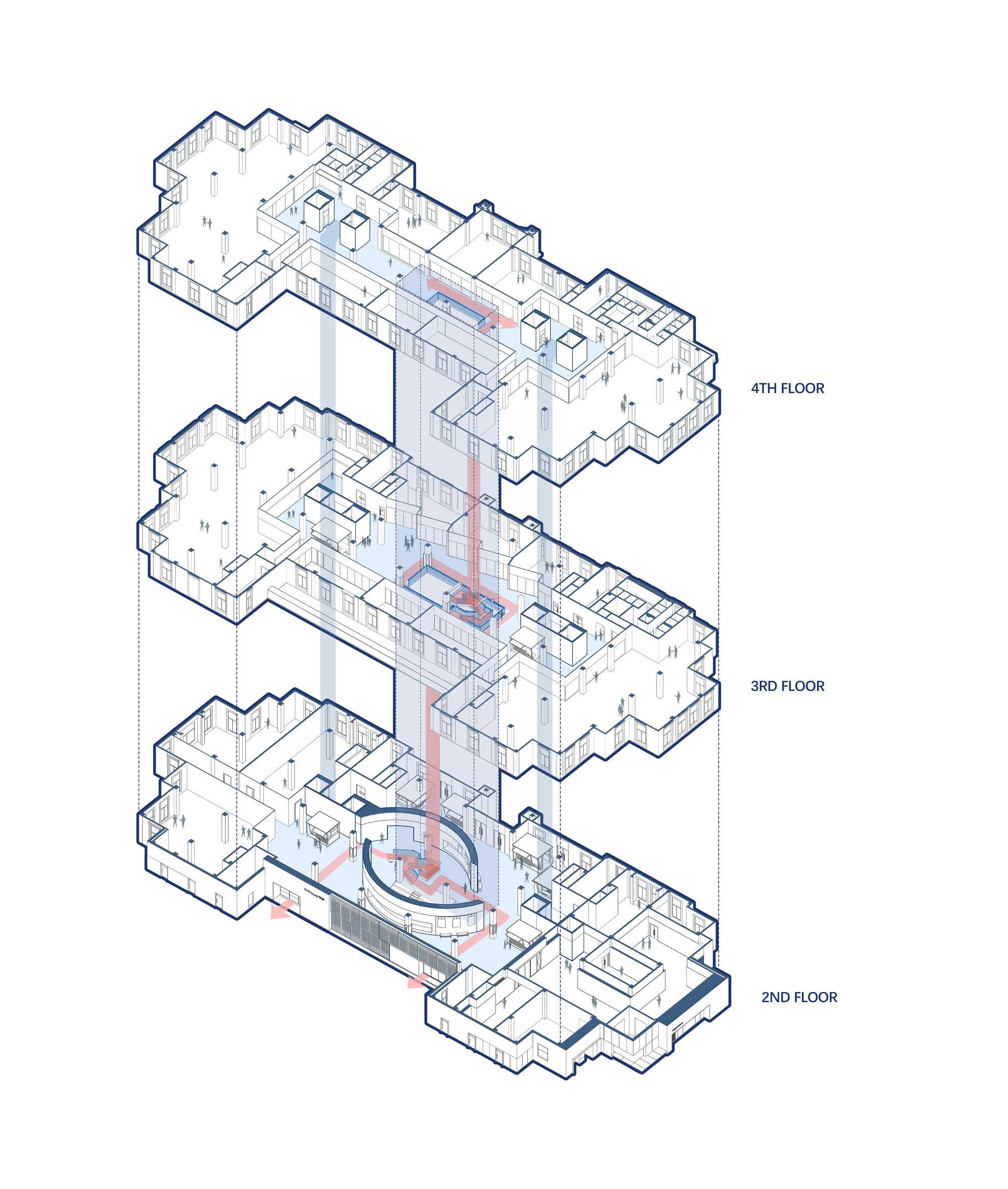 Exploded axonometric drawing showing three floor plates with a central spiraling stair connecting the levels