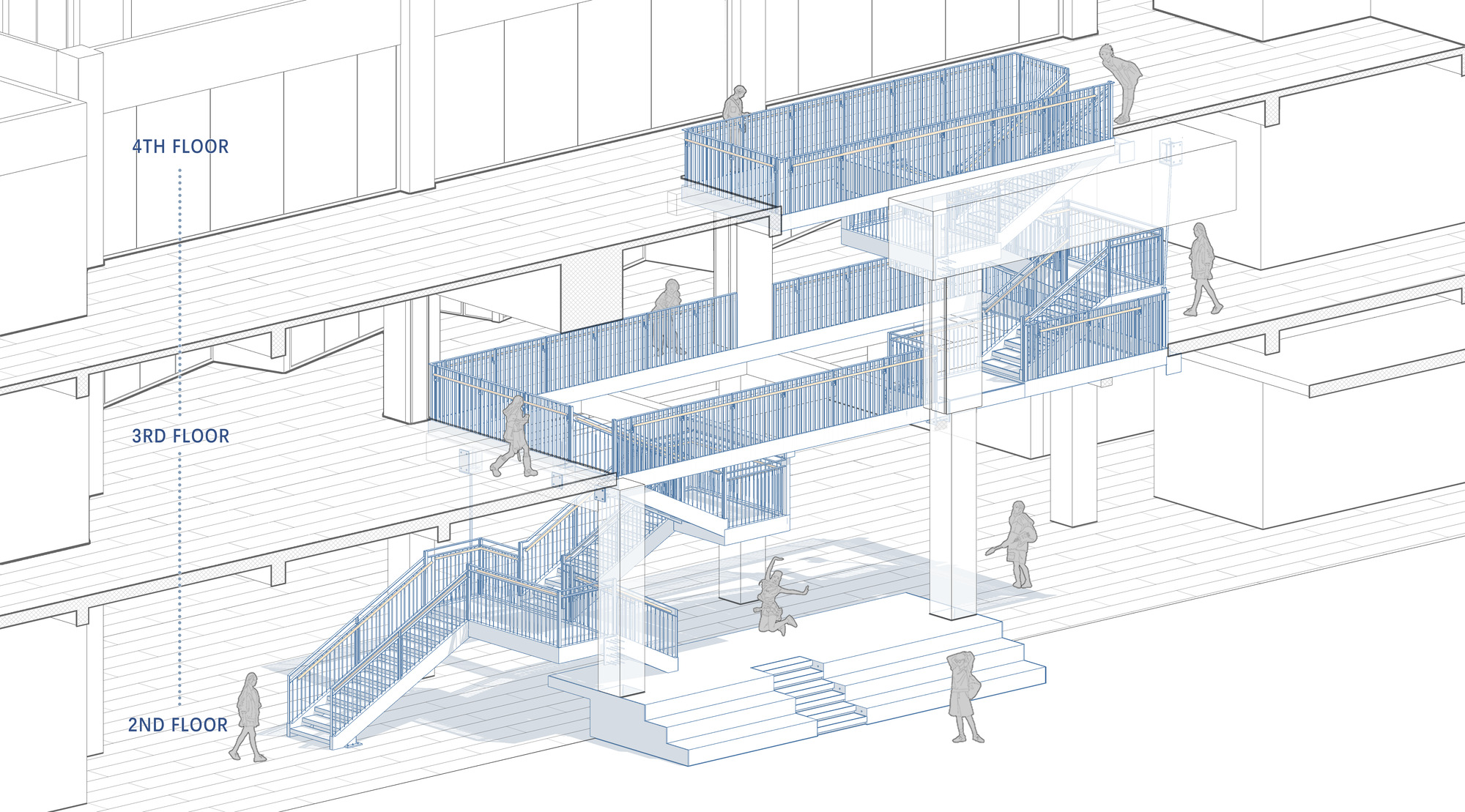 Sectional axonometric drawing of a multi-level stair with blue glass balustrades and figures on each floor